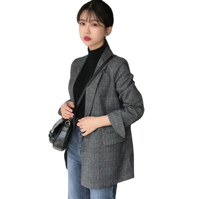 Chaqueta de traje Retro británico para mujer, abrigo de estilo coreano a rayas a cuadros, ropa Vintage, abrigos negros para oficina, Otoño e Invierno