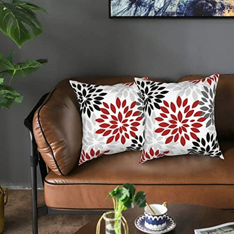 Funda de almohada moderna para exteriores, cubierta de almohada roja y negra, gris, blanca, gris, Dalia Floral, 2 piezas, granja