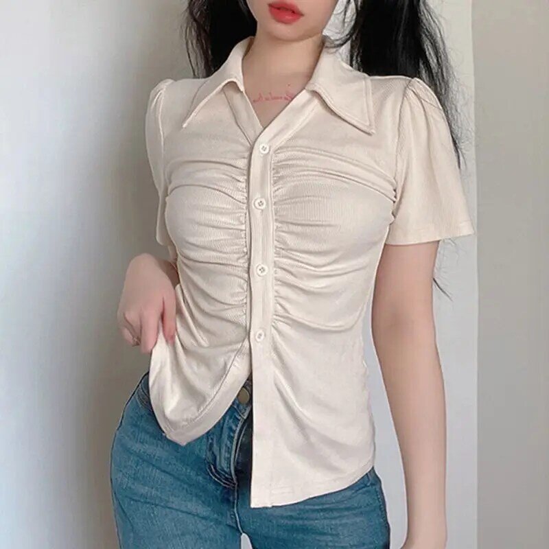 Deeptown Vintage Tuniken Frauen Blusen Weiß Harajuku Sexy Koreanische Stil Kurzarm Shirt Y2k Ästhetischen Beiläufigen Cropped Top Retro