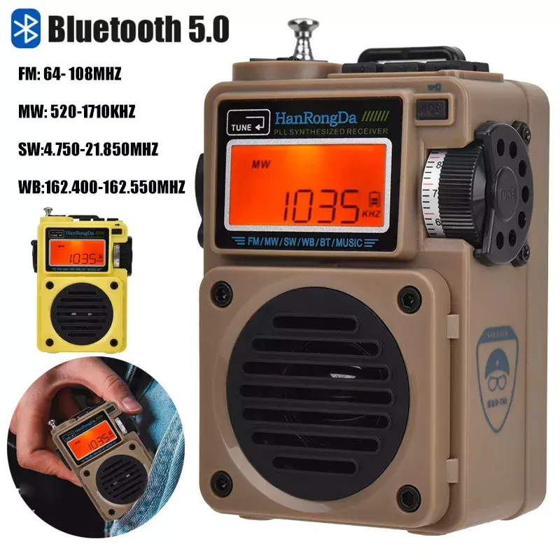 Radio de banda completa portátil mejorada, receptor de Radio FM/MW/SW/WB, Altavoz Bluetooth 5,0, reproductor de música TF, compatible con bloqueo de despertador