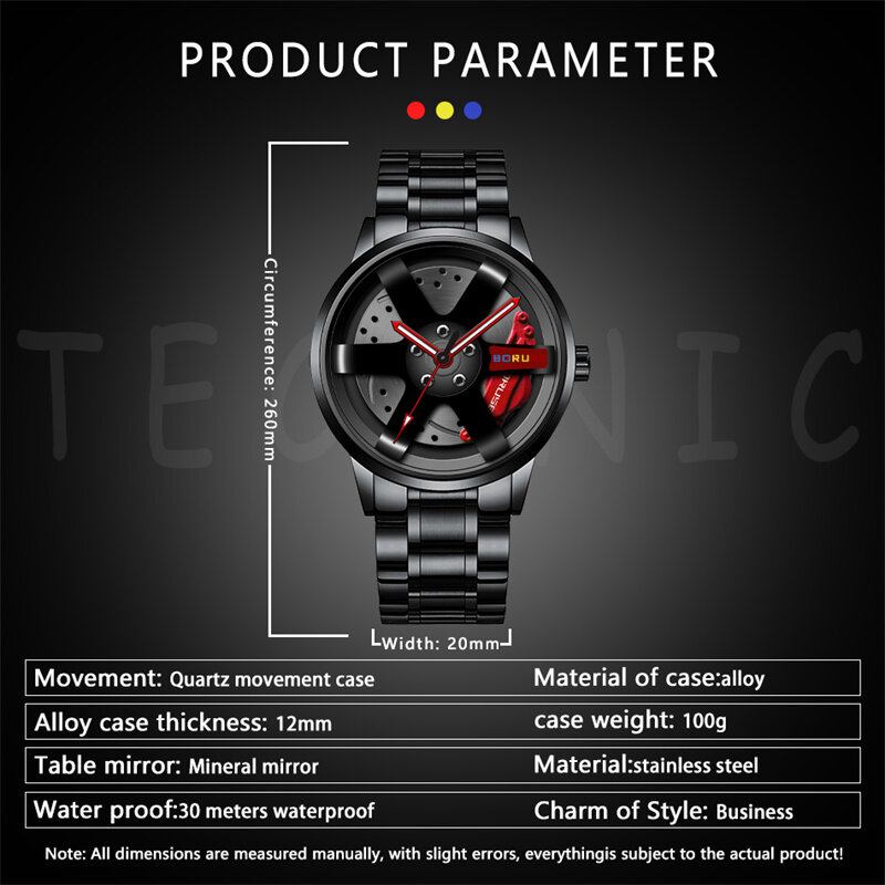 BORUSE Fashion Mens Car Wheel Watches Luxury Stainless Steel Waterproof Watch for Men Casual Quartz Wristwatch relogio masculino
