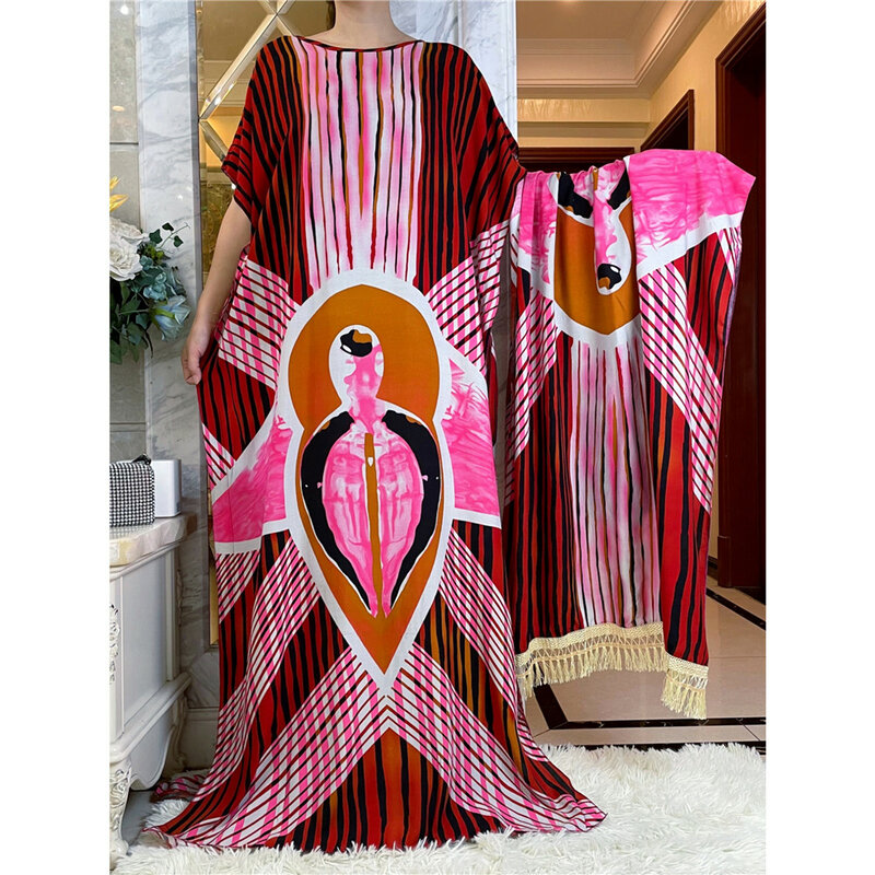 Gaun kain katun Batik Muslim dengan syal besar untuk wanita 2023 musim panas lengan pendek jubah wanita abaya tradisional Afrika Y12