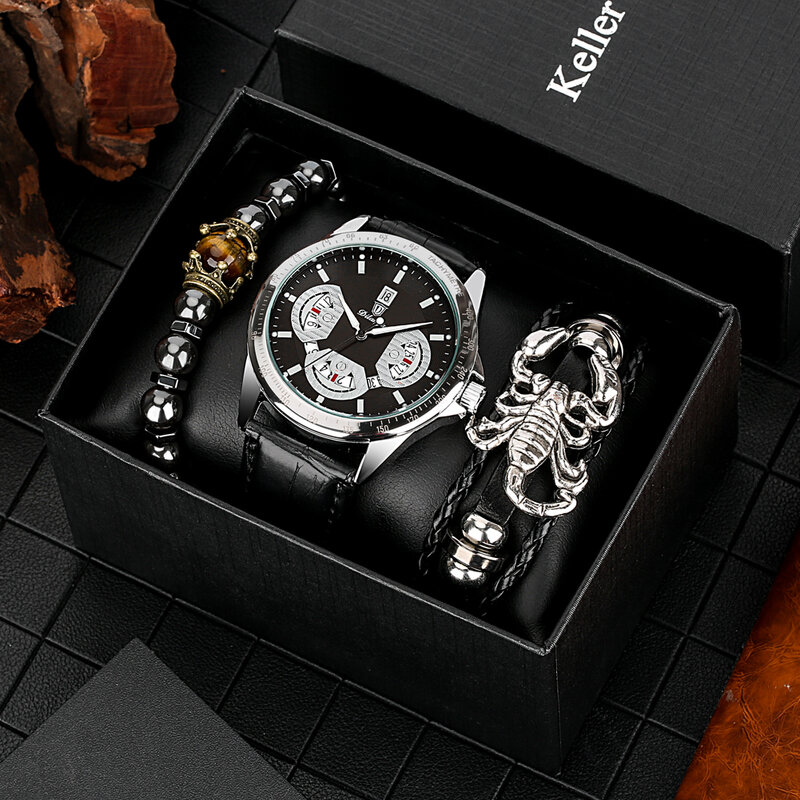 3 pçs relógios de quartzo de luxo para homens moda escorpião pulseira definir presente para namorado calendário couro relógios pulso reloj hombre