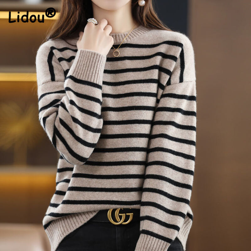 Suéteres básicos a rayas de talla grande para mujer, ropa coreana Simple empalmada de alta calidad, color blanco y negro, cuello redondo