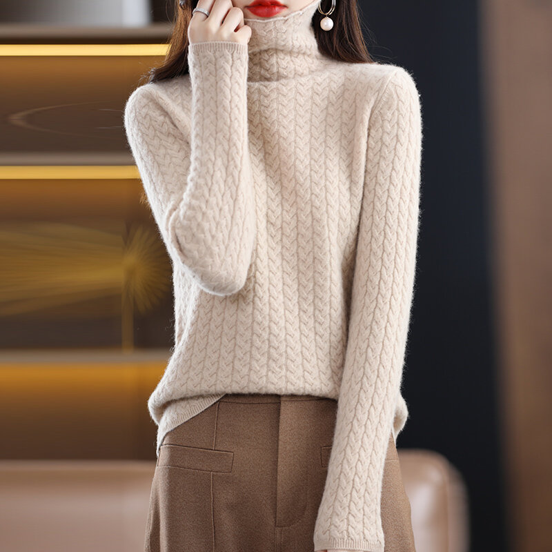 Nouveau Type de Cardigan tricoté à col roulé pour femme, 100% laine Pure, automne et hiver