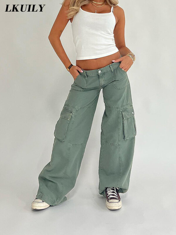 Cargo spodnie moda damska Famale odzież Casual spodnie kieszeń średnio wysoka talia Y2K Streetwear solidna estetyka workowate spodnie z szerokimi nogawkami