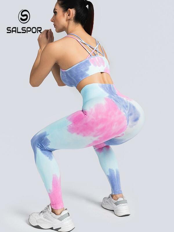 Salapor 2Pcs Vrouwen Tie Dye Set Workout Suits Push Up Leggings Set Gym Naadloze Trainingspak Fitness Sportbeha Sportkleding vrouwelijke