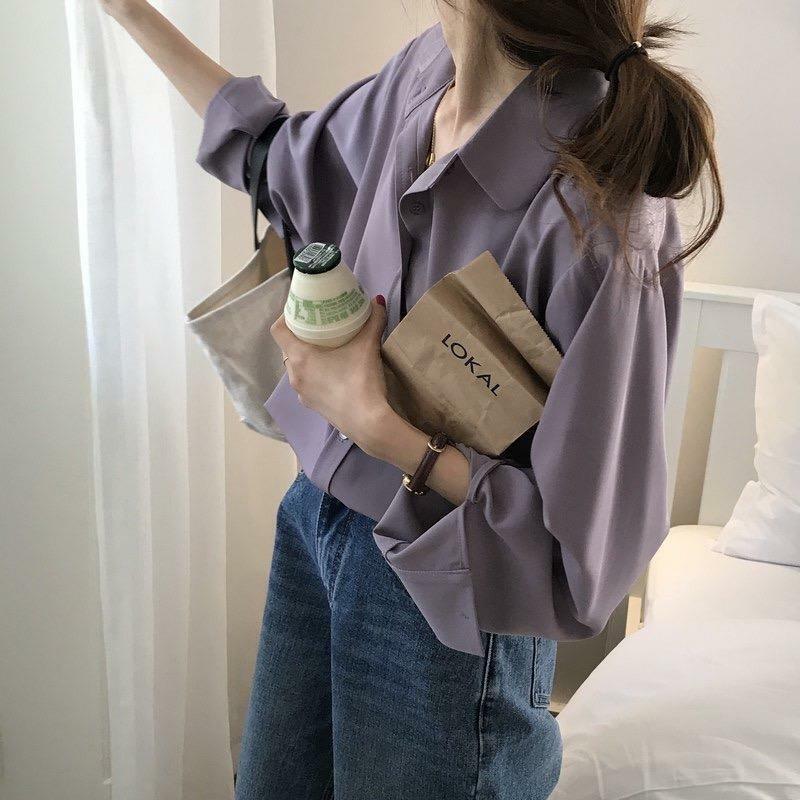 HOUZHOU básica-Blusa de manga larga para mujer, camisa informal de gran tamaño, estilo coreano, Harajuku, púrpura, Primavera