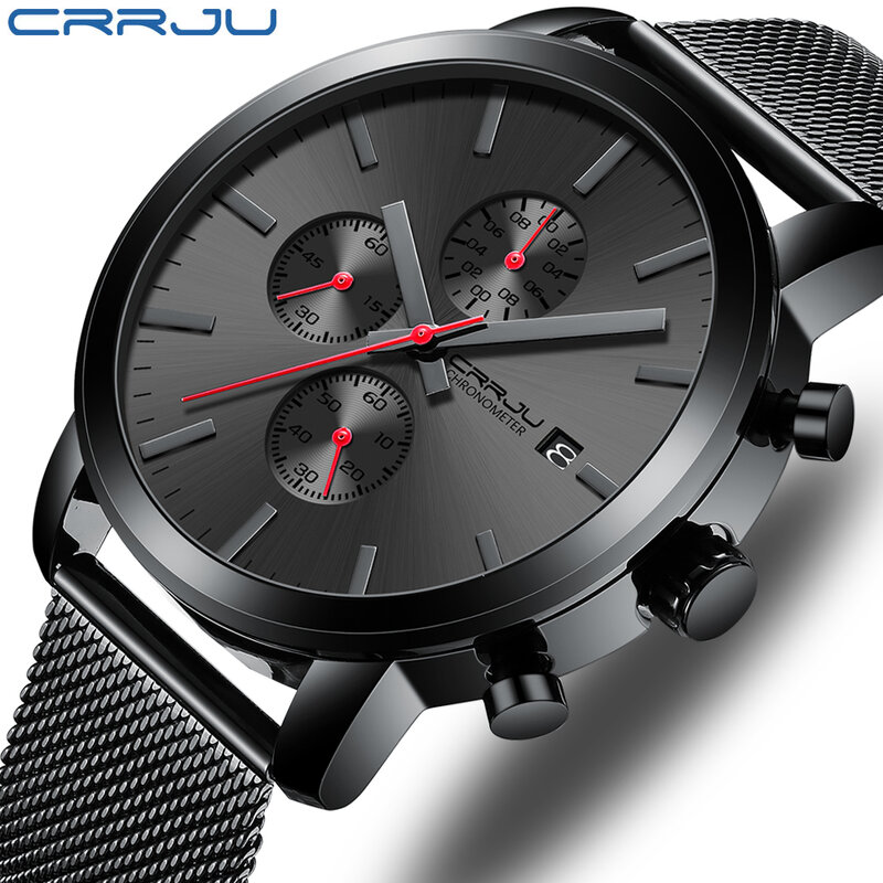 CRRJU 2022 Quartz Date Watch Men Luxury Brand Black Fashion Sports Watches Waterproof Chronograph Male Watch Relogio Masculino