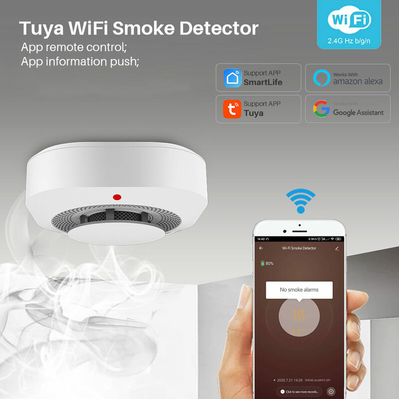Sensor Detector de humo Tuya Wifi, protección inteligente para el hogar, alarma contra incendios, APP Smart Life, funciona con Alexa y Google Home
