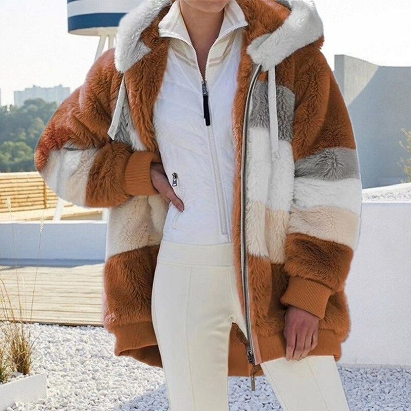 Abrigo con cremallera multicolor para mujer, ropa cálida gruesa, a rayas de retales Sudadera con capucha, abrigo suave de felpa, novedad de invierno