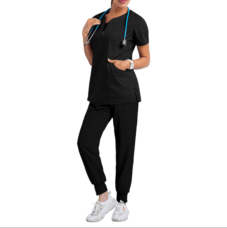 하프 지퍼 간호사 유니폼 여성 의료 스크럽 탑 건강 노동자 스크럽 탑 간호 유니폼 블라우스 셔츠 스크럽 유니폼
