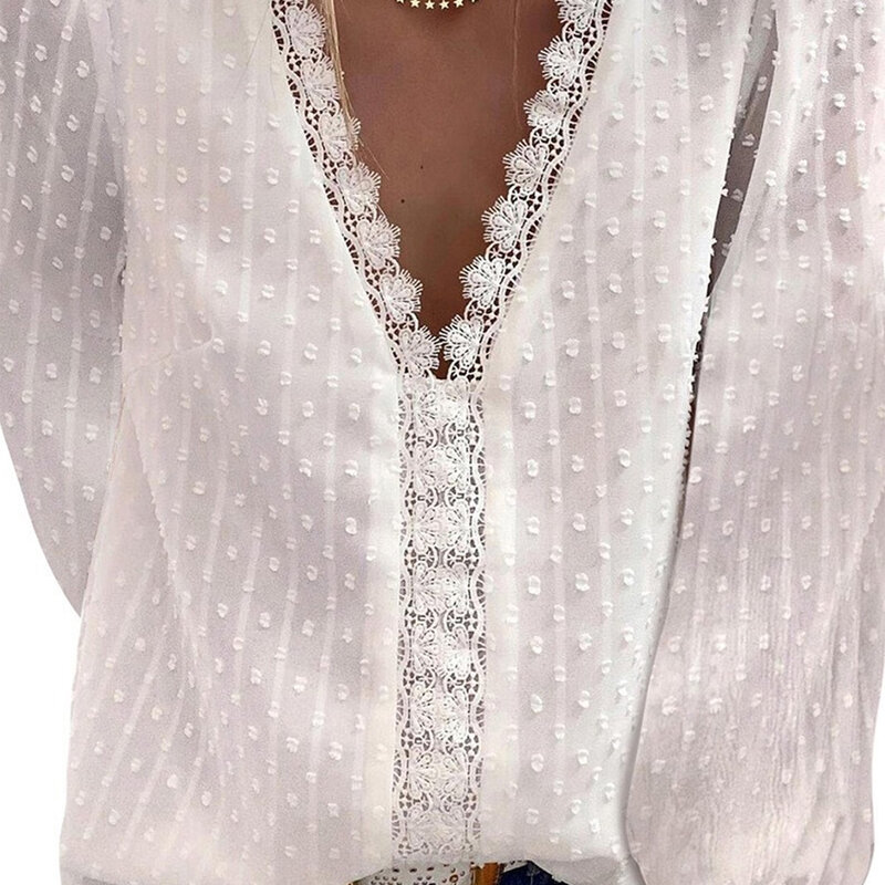 Camisa informal de manga larga con cuello en V para mujer, Top de gasa con borde de encaje, camiseta de burbujas, primavera y otoño