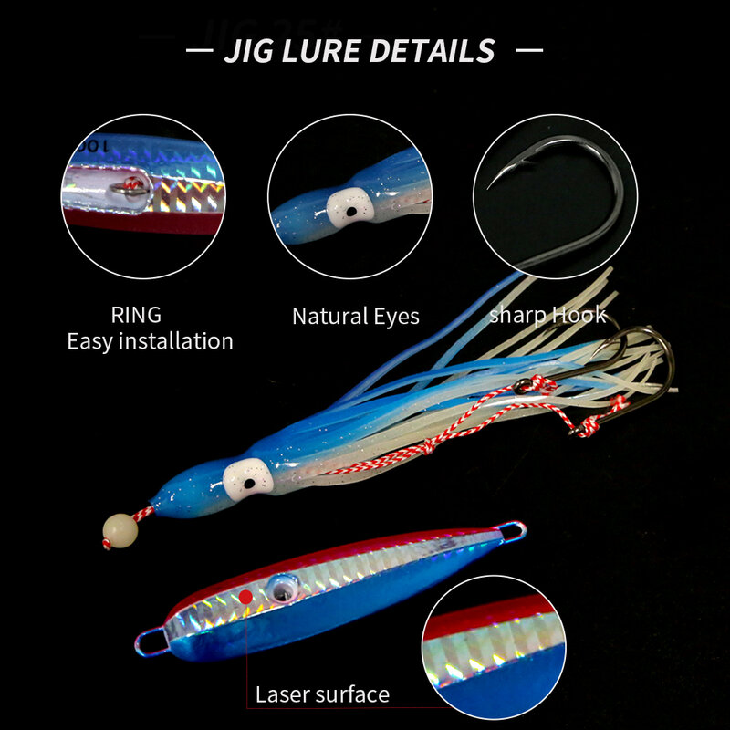 Inchiku Metal Jig Head Lure 80g 100g 120g 150g 180g 200g Luminous Squid Hook Soft  Sinking Saltwater Spinning Fishing MarlinLure