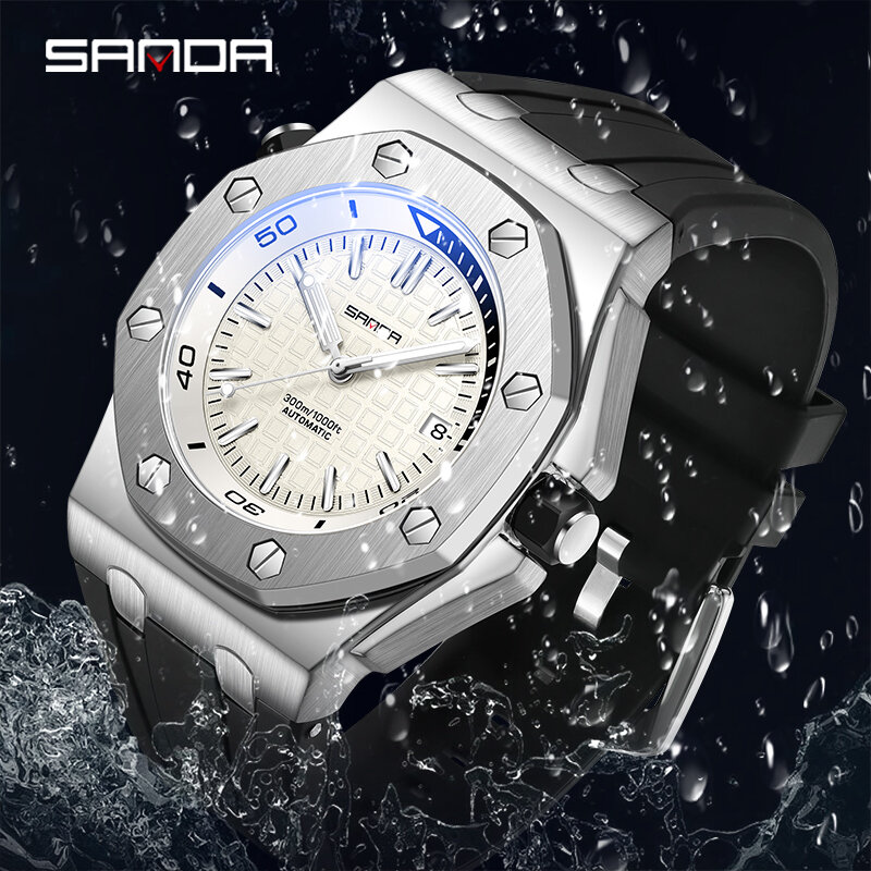 Sanda top marca de luxo automático relógio mecânico masculino pulseira silicone à prova dwaterproof água relógio para negócios retro relojes hombre