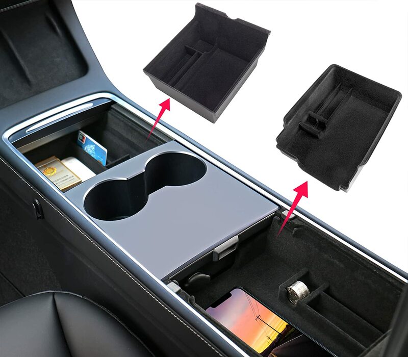 For 2021 2022 Tesla Model 3 Y  6 PCS ABS Center Console Organizer Tray Cup Holder Flocked Organizer Armrest Hidden Cubby Drawer