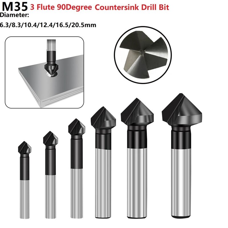 1pc M35 3 Flute 90Degree Titanium Plating Countersink Drill Bit Chamfering Tools Cutter Chamfer 6.3/8.3/10.4/12.4/16.5/20.5mm