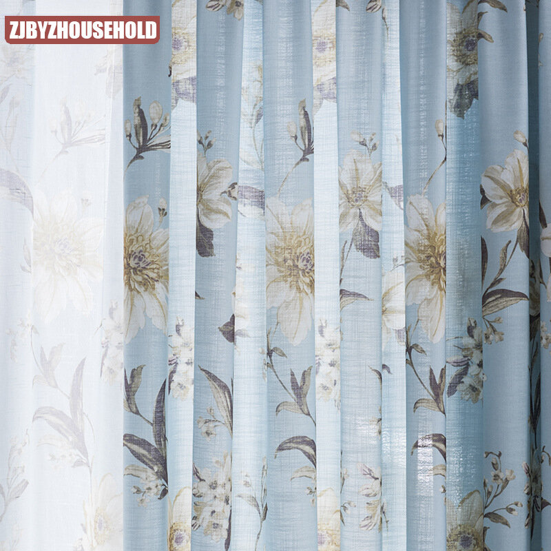 New Printed Curtain Blue American Half-shaded Curtain Cloth for Living Room, Bedroom and Study Wholesale