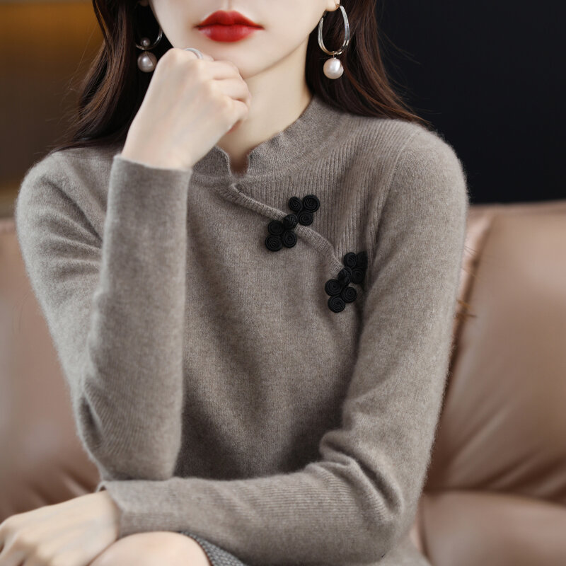 Женская осенне-зимняя свободная кашемировая рубашка с круглым вырезом