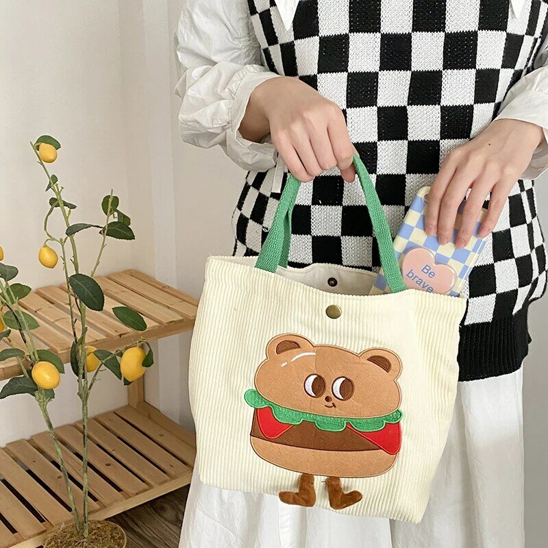 Kawaii Handbag for Women Burger Bear Embroidery Corduroy Tote Shopping Bags Female Korean Fashion Portable Cute Coin Pouch Purse