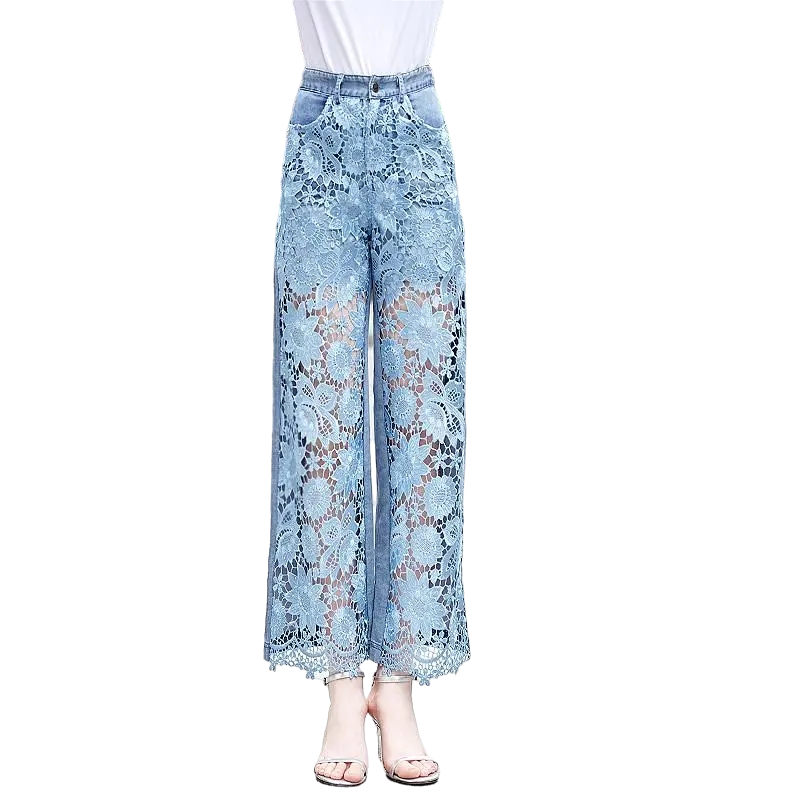 Pantalones de pierna ancha de cintura alta para mujer, vaqueros de retazos de encaje hueco que combinan con todo, moda de verano 2022