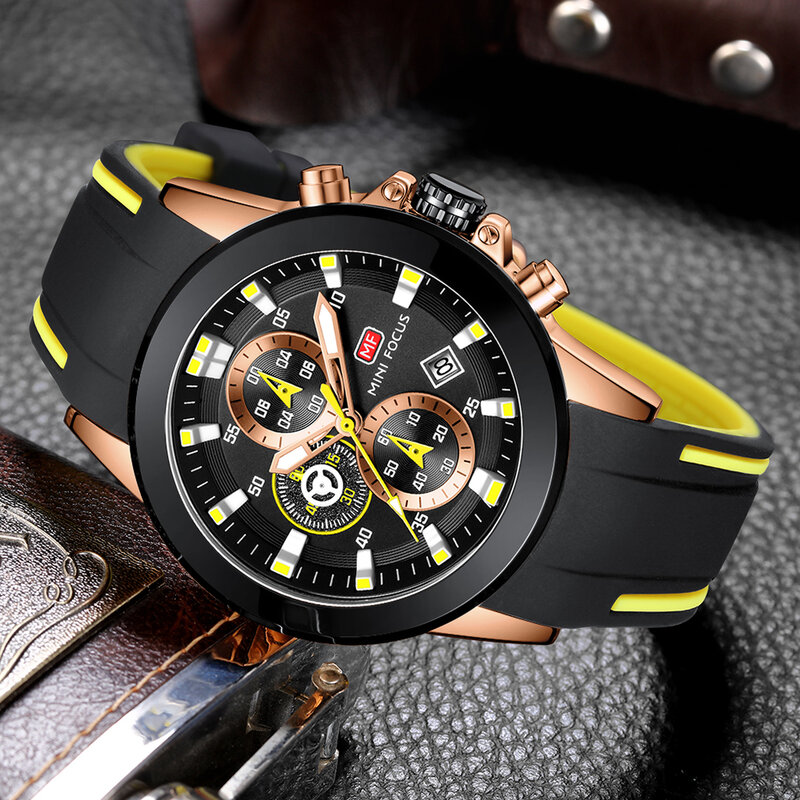 MINI FOCUS Quartz Male Watch Luxury Chronograph Date Display Mens Watches Silicone Strap Waterproof Classic Sport Wrist Watch