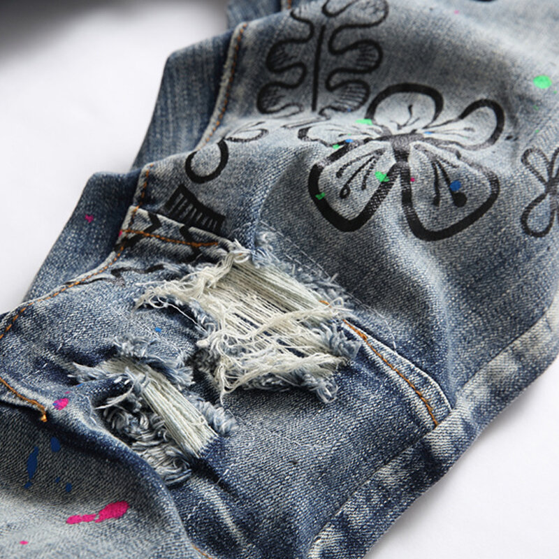 Jean Homme Jeans mężczyźni drukowanie Streetwear zgrywanie spodnie dżinsowe popularnej marki spodnie dorywczo stałe Biker zniszczony otwór Slim Fit przytulne