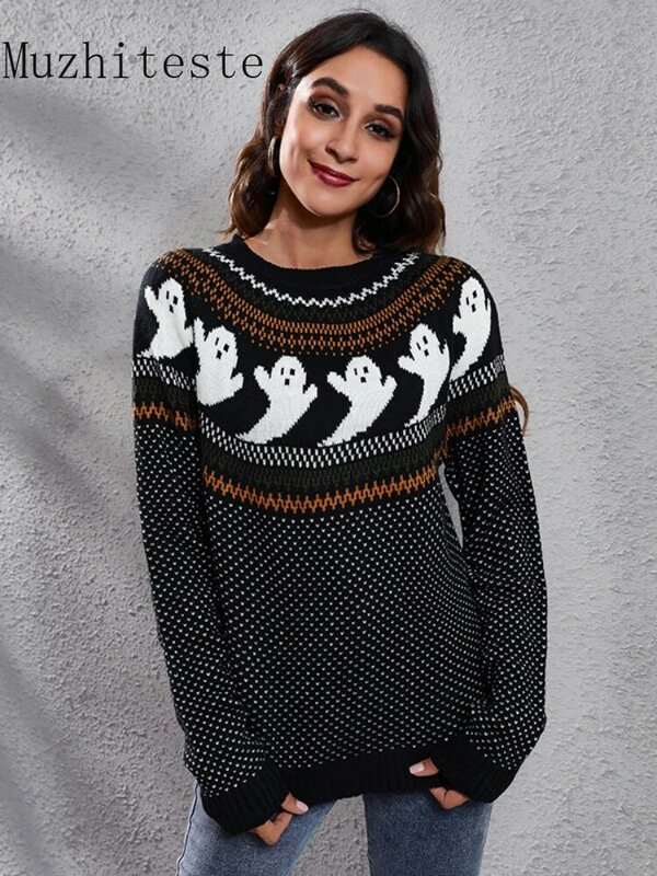 Женский свитер в горошек, Свободный пуловер в винтажном стиле, Осень-зима