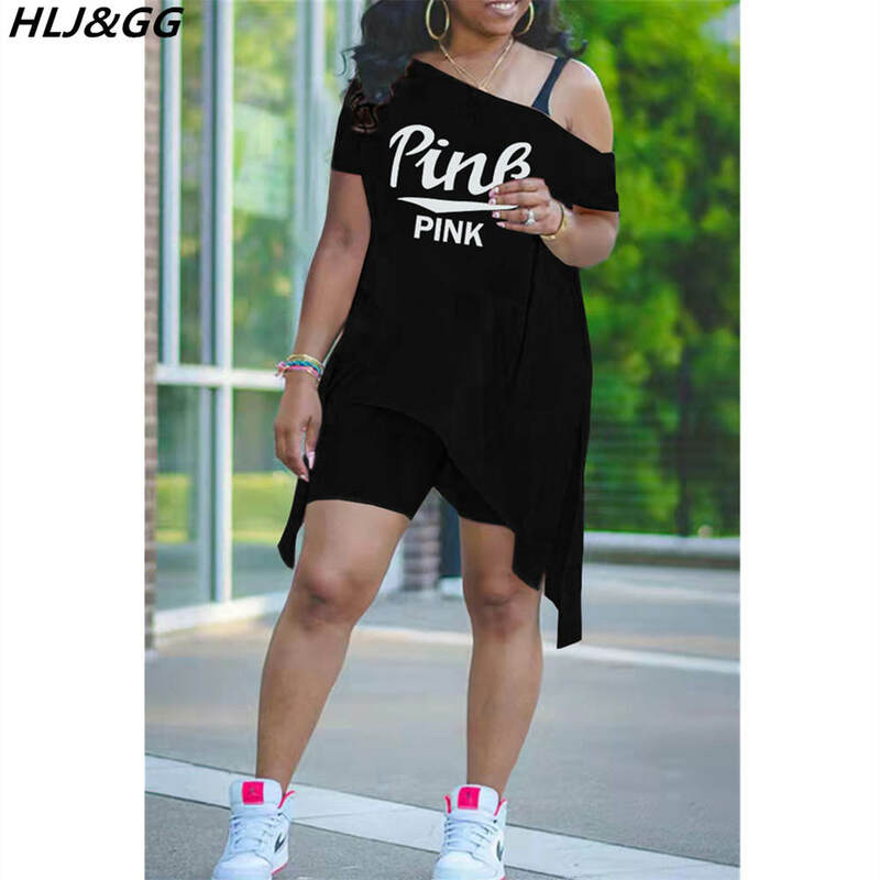 HLJ&GG Casual Summer Tracksuit Women Pink Letter Print Outfits 2 Piece Sets One Shoulder Irregular Top Shorts Sport Streetwear
