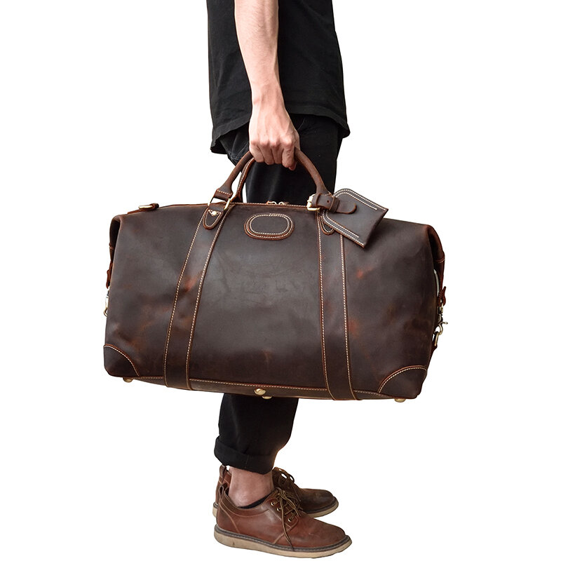 Genuine Crazy Horse Leather Men Travel Diamond Check Bags With Rivet Big HandBag For Male Cowhide Duffel Travelling Bag HA031