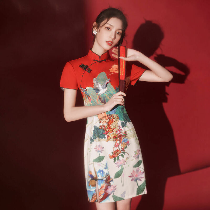 Cheongsam 2022 새로운 여름 그물 인기있는 국가 패션 복고풍 향상된 소녀 패션 젊은 드레스