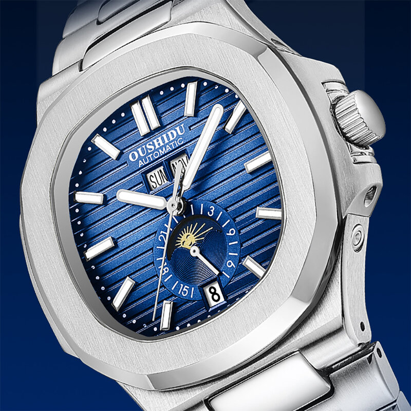 남성용 자동 기계식 블루 다이얼 밀리터리 패션 뚜르비용 날짜 표시 스테인레스 스틸 스트랩 스포츠 시계, 남성 시계