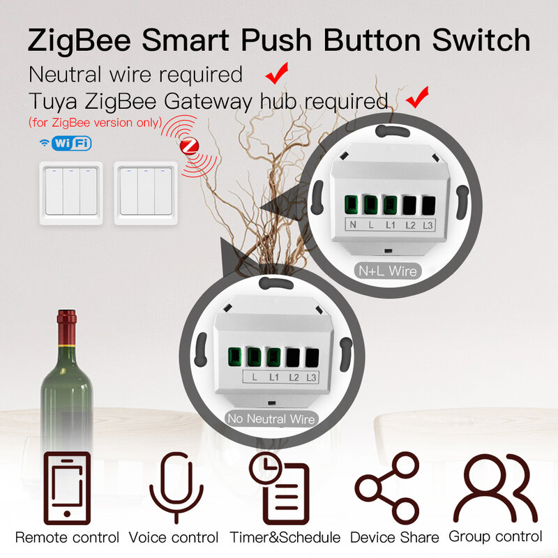 Умный кнопочный переключатель ZigBee, wi-fi переключатель с голосовым управлением, не требует нейтральной помощи, приложение Tuya, Alexa, Google Home, 2/3 Way, ...