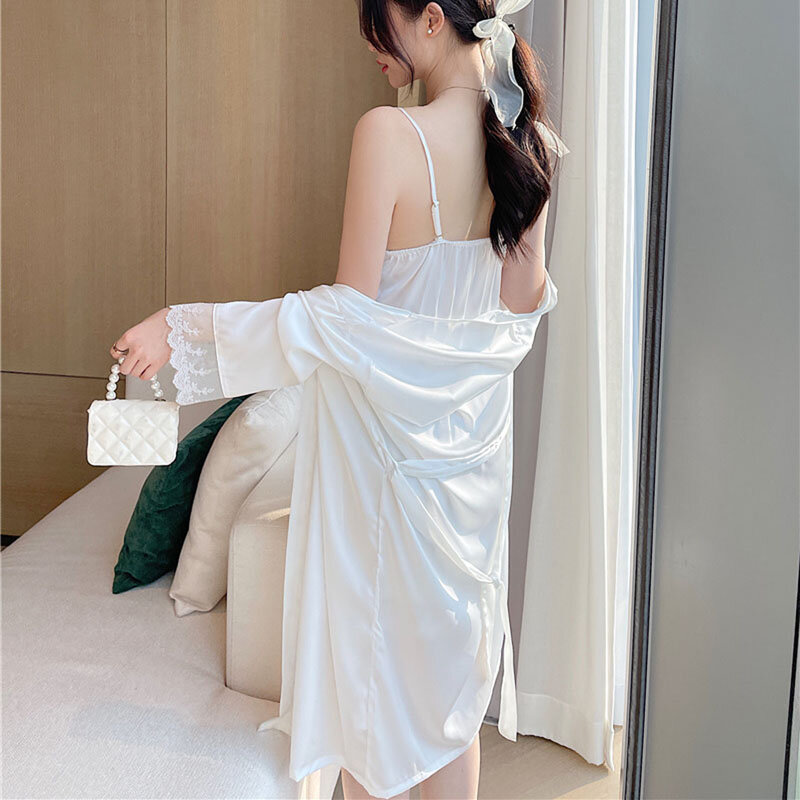 Summer Sexy Suspenders Nightdress Nightgown with Chest Pad Two Piece Set Drawstring Silkly Bathrobe Pajamas Fun Home Wear Women