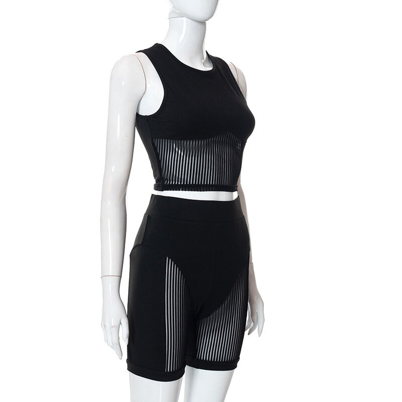 Женский сетчатый спортивный костюм Wishyear, комплект из 2 предметов, укороченный топ, велосипедные шорты, облегающая пикантная Спортивная одеж...