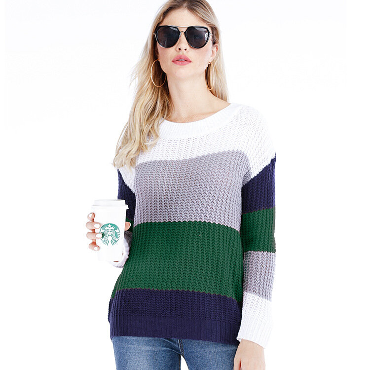 Spring Autumn Women's Sweater Round Collar Long Sleeve Pullover Knitted Striped Loose Fashion Office Lady Sweater