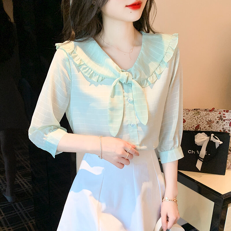 2022 여름 드레스 아기 칼라 셔츠 슈퍼 요정 디자인 감각 소수 민족 외국 스타일 쉬폰 셔츠 여성 짧은 소매 022E, 531-6