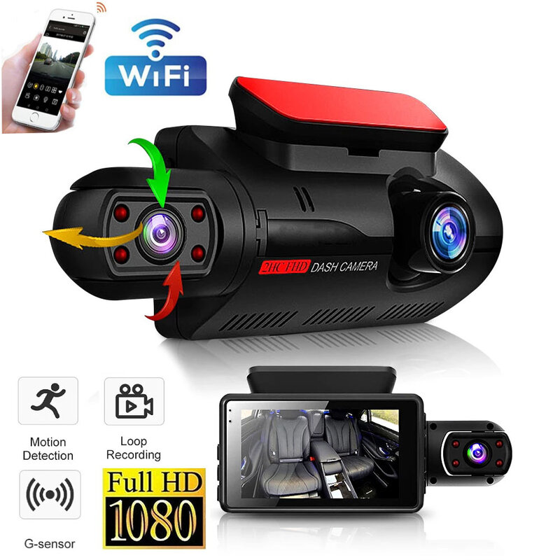 Kamera Dasbor Lensa Ganda untuk Mobil Kotak Hitam HD 1080P Perekam Video Mobil dengan WIFI Penglihatan Malam G-sensor Perekaman Loop Dvr Kamera Mobil