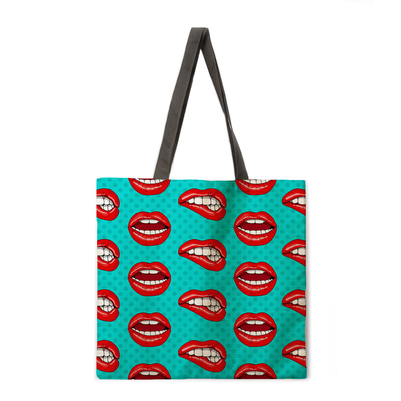 Custom handbag shopping lip print women's handbag linen handbag printed logo leisure beach travel bag