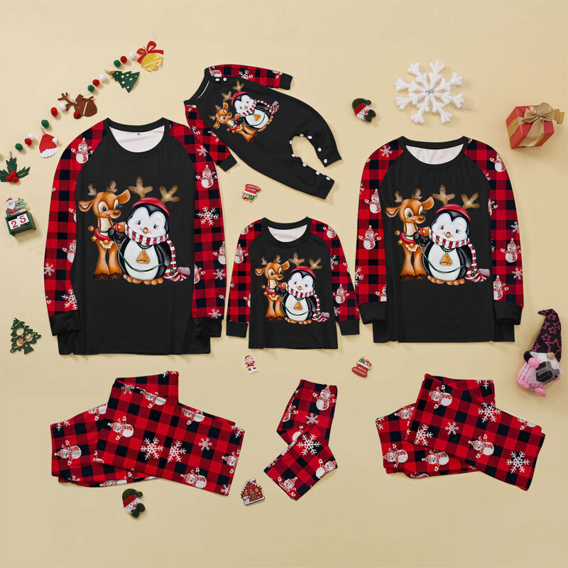 Mode Pakaian Tidur Natal Gambar Rusa Atasan & Celana Piyama Natal Kostum Natal Ibu Cocok untuk Keluarga Pakaian Tidur Lengan Panjang Wanita