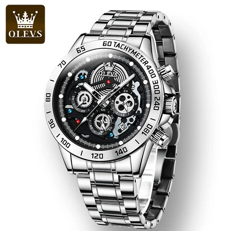 OLEVS-Reloj de pulsera de cuarzo para hombre, accesorio de pulsera resistente al agua con esfera grande multifuncional, correa de acero inoxidable de lujo, luminoso