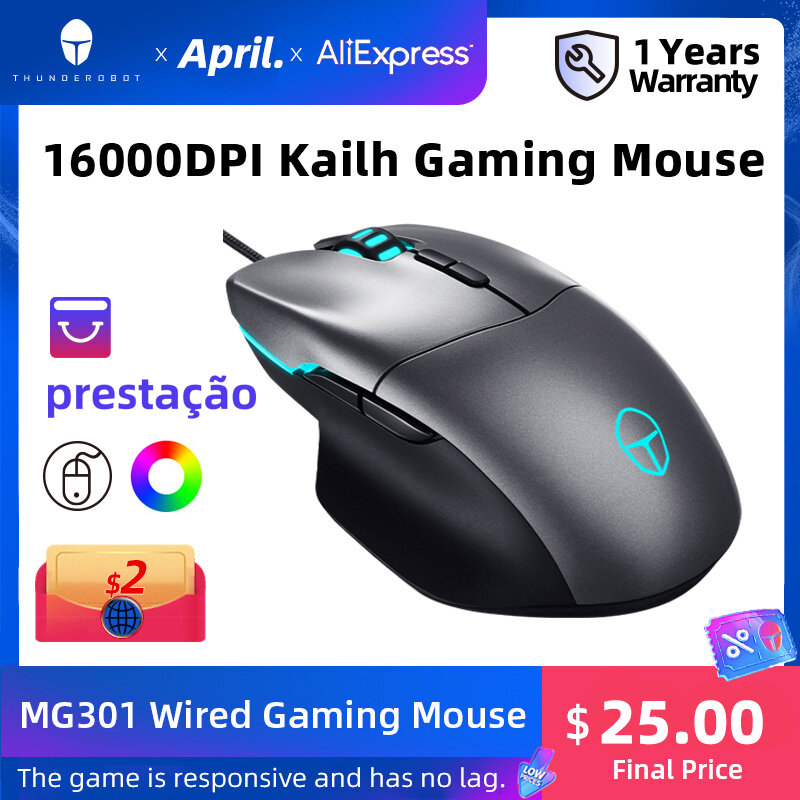 Mysz do gier MG301 USB przewodowa Gamer Kailh Fretting 16000DPI z podświetleniem RGB 6 programowalne przyciski do gier Laptop myszki komputerowe