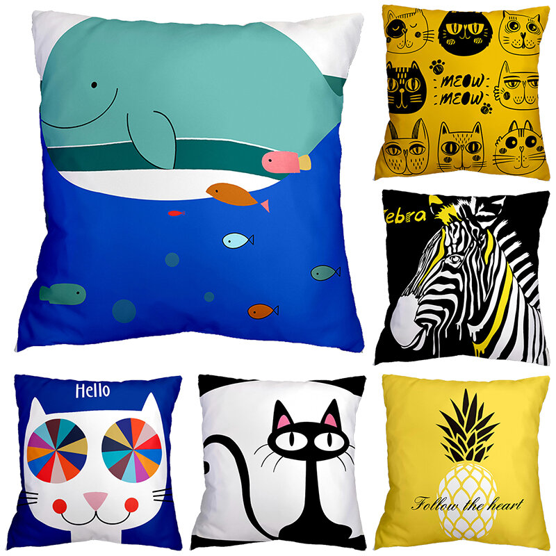 45*45CM Nordic zwierzęta kreskówkowe wieloryb Zebra poszewka na poduszkę Anime koty psy rzuć poszewki Home Decor Sofa poszewka na poduszkę samochodu