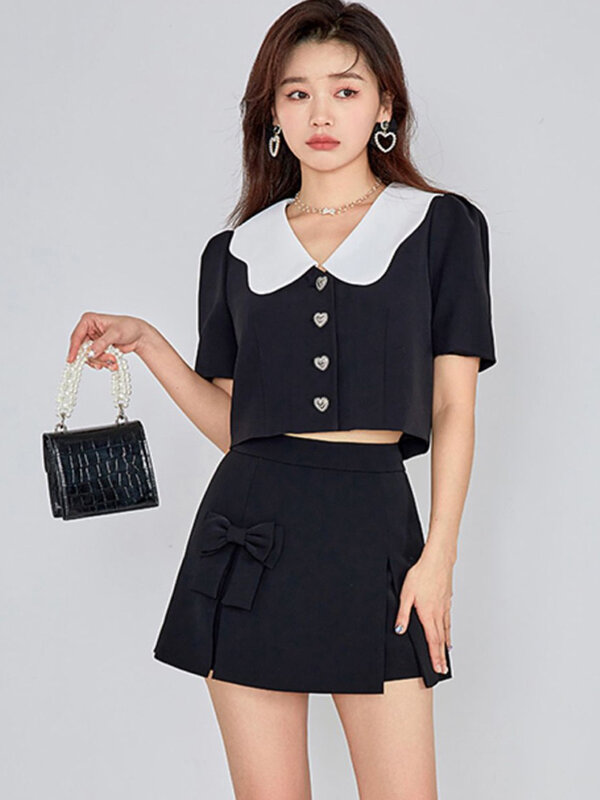 2023 New Fashion Summer Women Two-Piece Set Retro Elegant Puff Sleeve Black Crop Top + Sweet Bowknot Shorts Skirts Suit