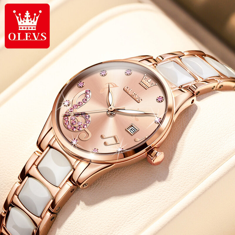 OLEVS แฟชั่นเซรามิค Rose Gold Diamond-Encrusted นาฬิกาข้อมือสตรีเซรามิคสายคล้องคอนาฬิกาควอตซ์กันน้ำนาฬิกาผู้ห...