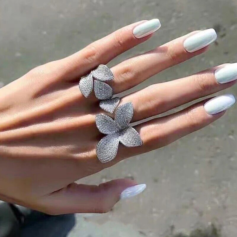 UILZ Trendy Clover Shape Open Rings for Women Luxury Cubic Zircon Adjustable Ring Party Wedding Jewelry