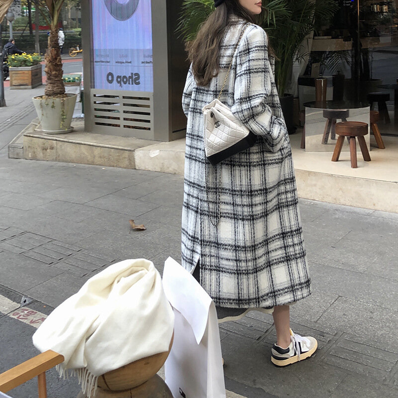 Fluffy Plaid One Shoulder Suit Coat Women's Winter Medium and Long Plaid Wool Coat Luxury Designer Jackets Spring Outerwear Traf