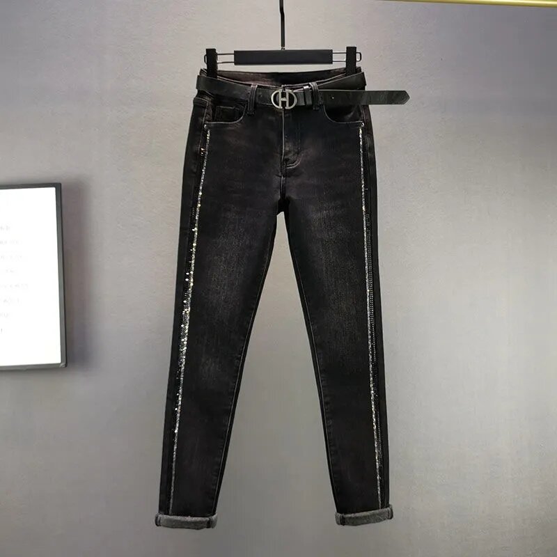 Moda denim calças 2022 primavera outono nova cintura alta magro emagrecimento broca quente algodão elástico lápis calças senhoras jeans preto
