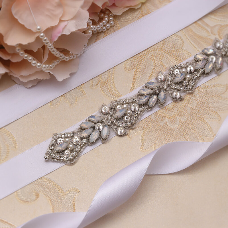 Missodress Sabuk Pernikahan Opal Tipis Kristal Perak Sabuk Pengantin Berlian Imitasi Sabuk Pernikahan untuk Aksesori Pengantin JK912