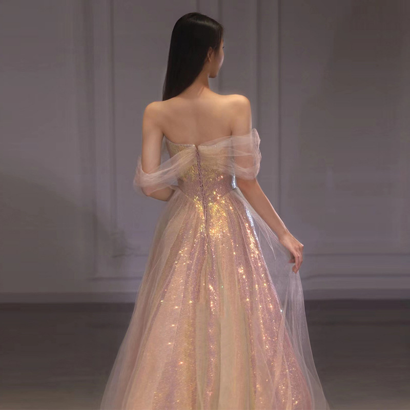 Bling Pink Elegant Sweet Evening Dresses 2023 Summer Boat Neck Slim Waist Mesh Design Tiered Prom Vestidos Wedding Party Dress